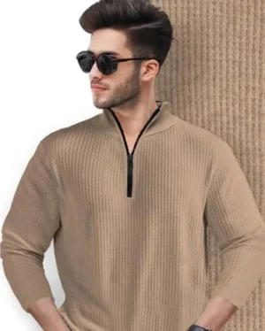 Tripr Solid Men High Neck Beige T-shirt